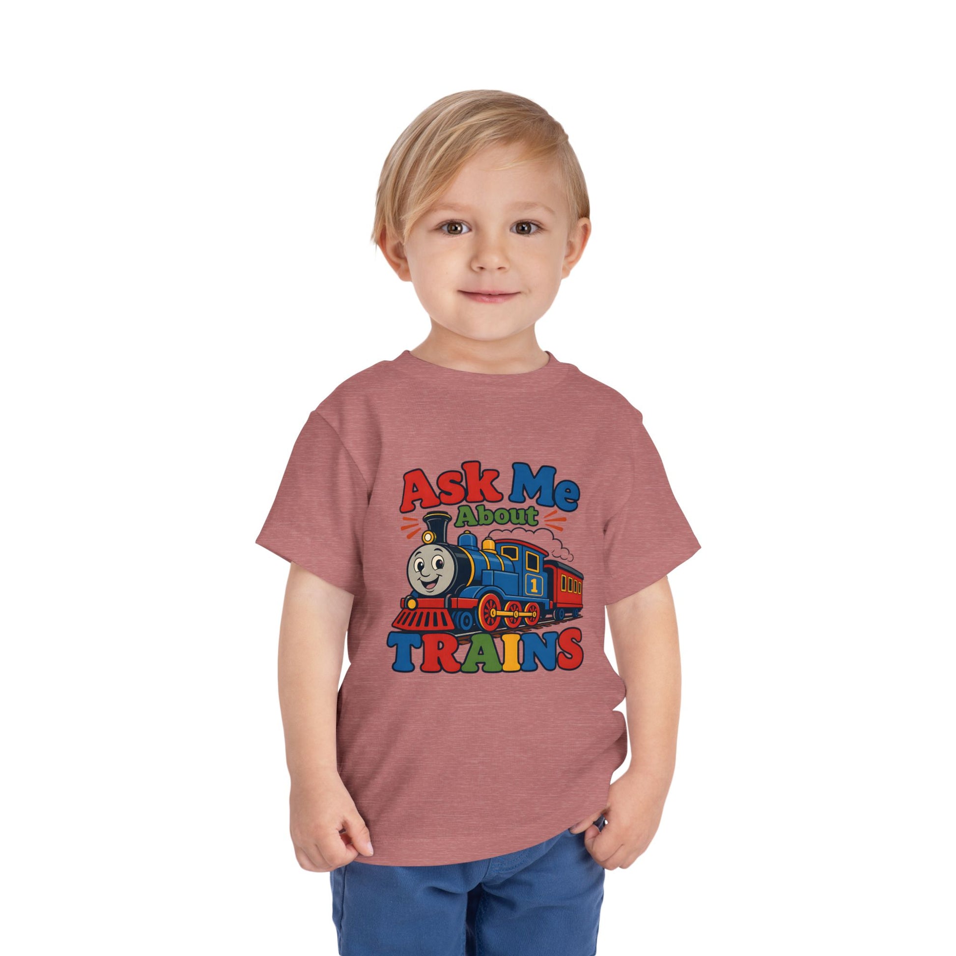 Toddler Tee — "Ask Me About Trains" Cute Kids Train Graphic Shirt image 7