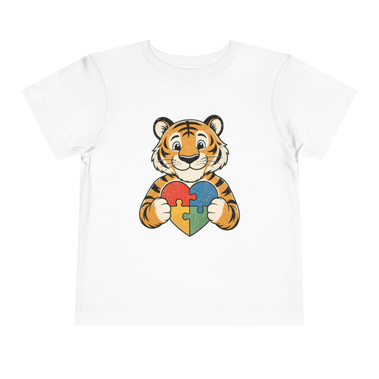 Toddler Tee — Cute Tiger Holding Autism Puzzle Heart image 0