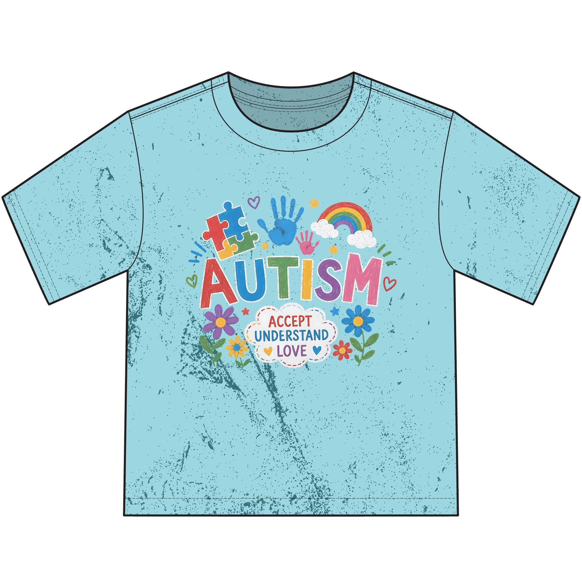Autism Awareness Heavyweight Color Blast Youth T-Shirt — "Accept Understand Love" Colorful Puzzle &amp; Rainbow Design image