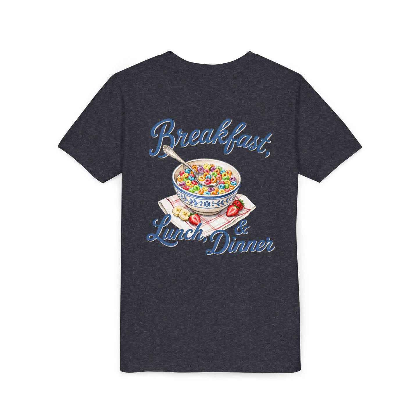 “Breakfast, Lunch & Dinner” Cereal Bowl Kids Youth Tee - Shirt BACK PRINT