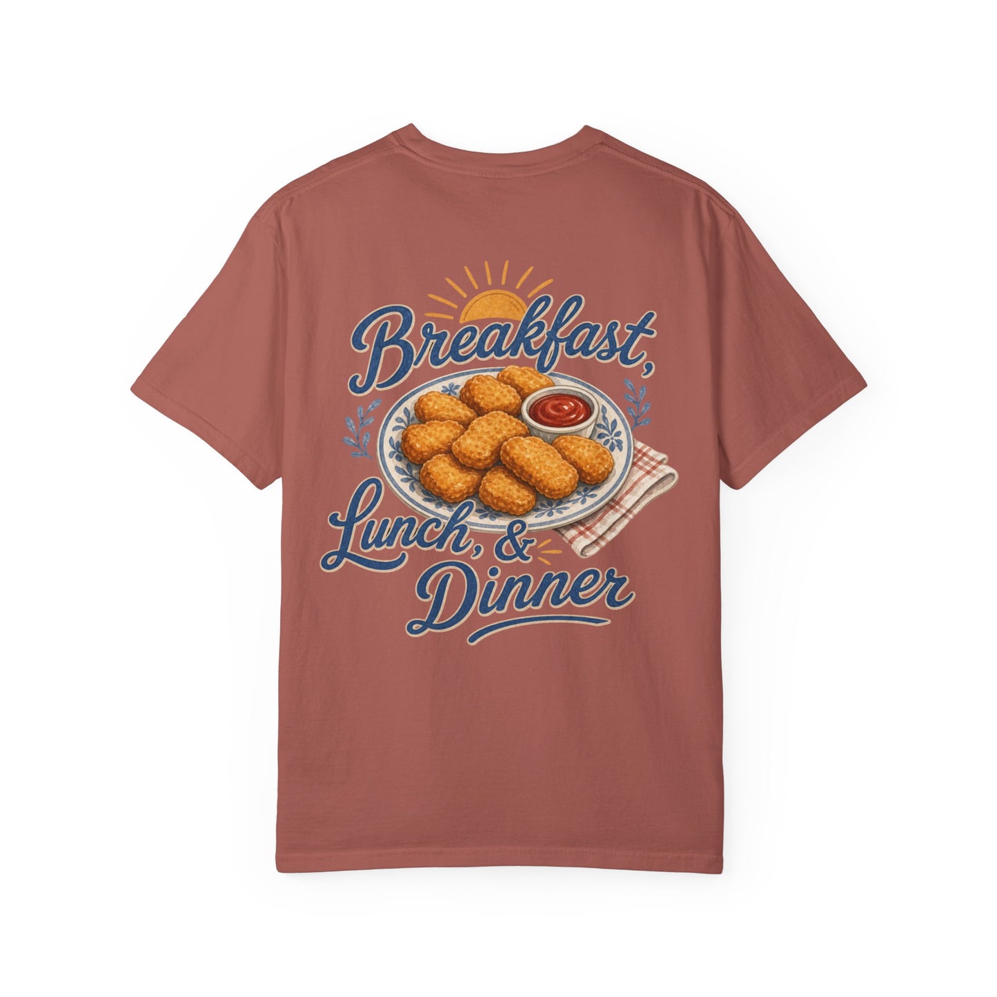 Chicken Nugget T-Shirt — “Breakfast, Lunch & Dinner” Retro Food Graphic Tee Adult BACK PRINT