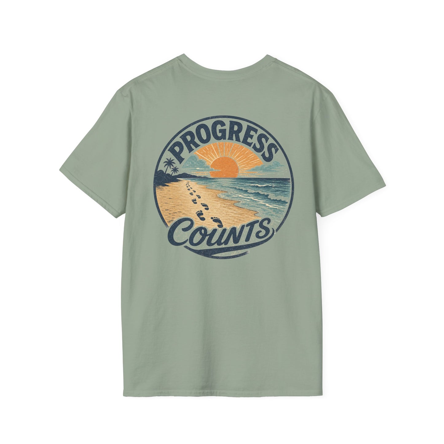Progress Counts T-Shirt — Vintage Coastal Footprints Sunset