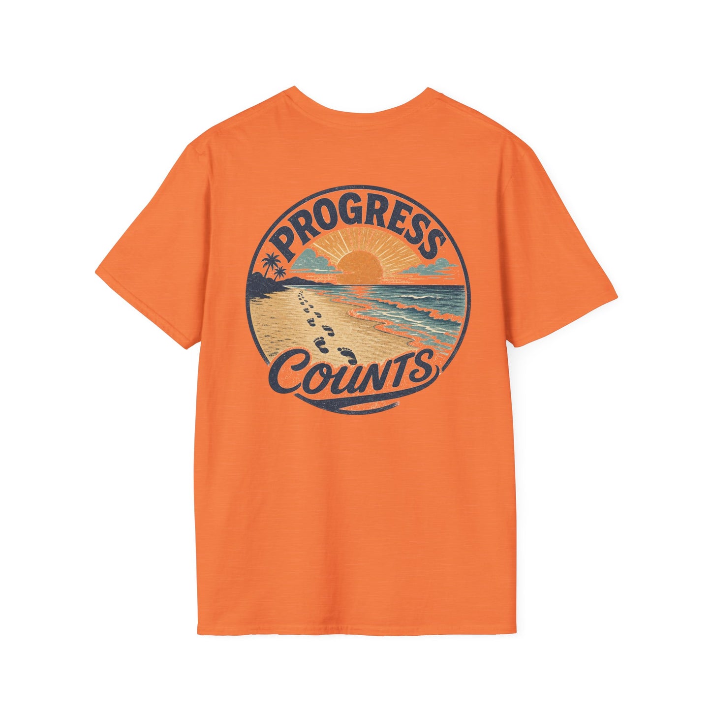 Progress Counts T-Shirt — Vintage Coastal Footprints Sunset