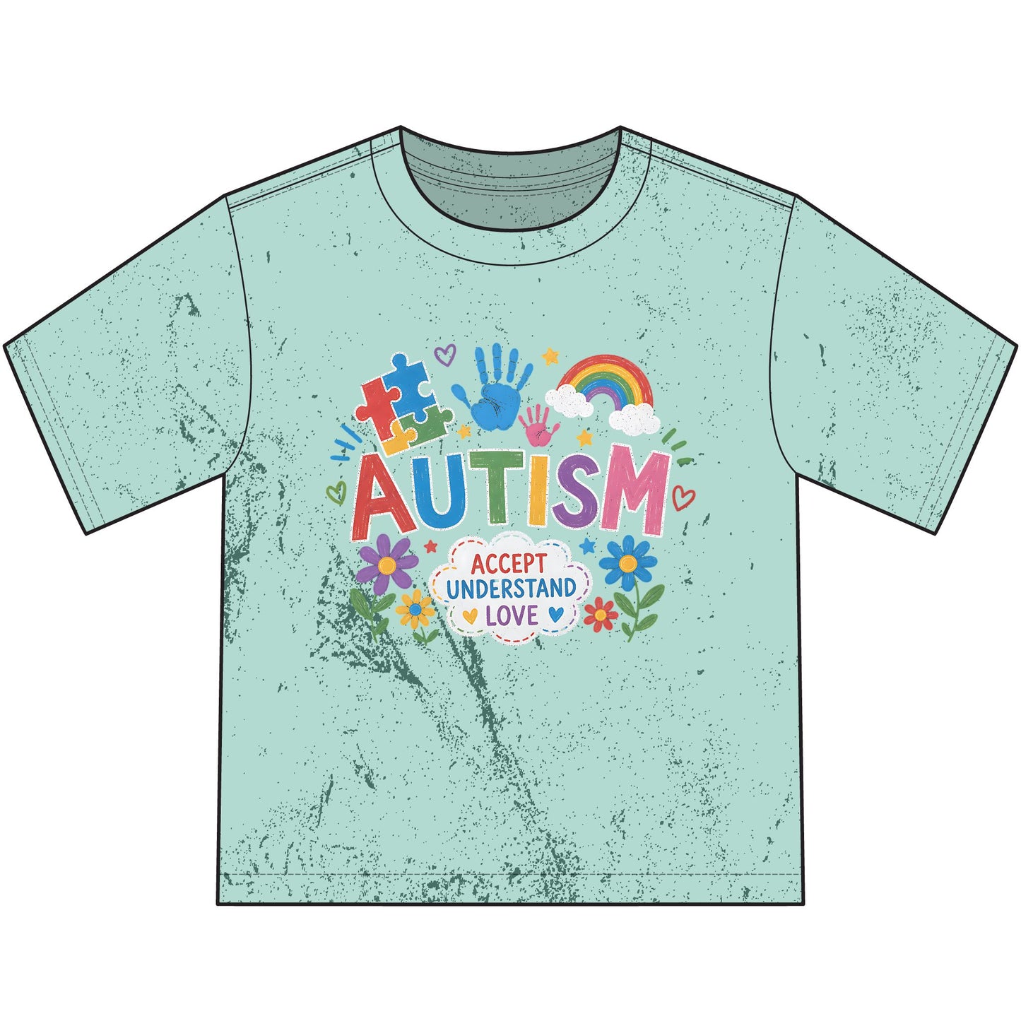 Autism Awareness Heavyweight Color Blast Youth T-Shirt — "Accept Understand Love" Colorful Puzzle &amp; Rainbow Design image