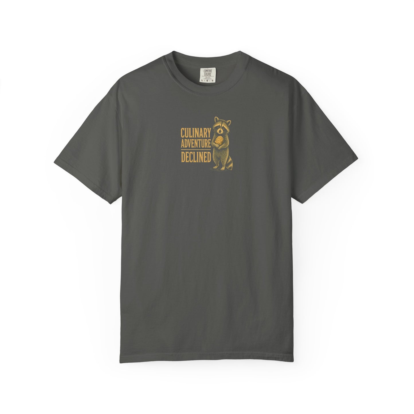 Culinary Adventure Declined T-Shirt — Food Routine Raccoon Graphic Tee