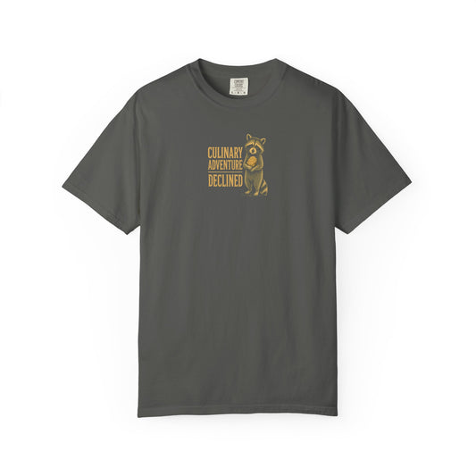 Culinary Adventure Declined T-Shirt — Food Routine Raccoon Graphic Tee