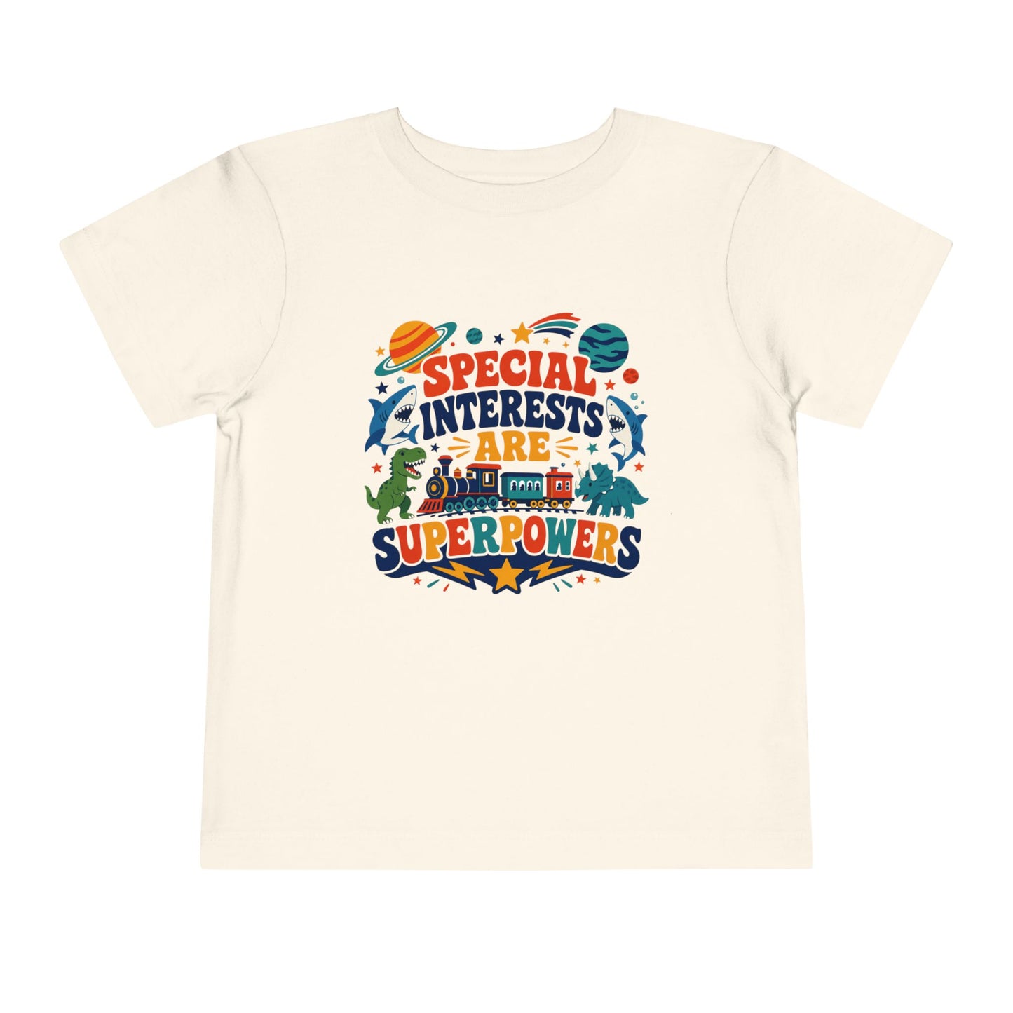 Toddler Tee — “Special Interests Are Superpowers” Colorful Space &amp; Dino Graphic - Natural, 2T image