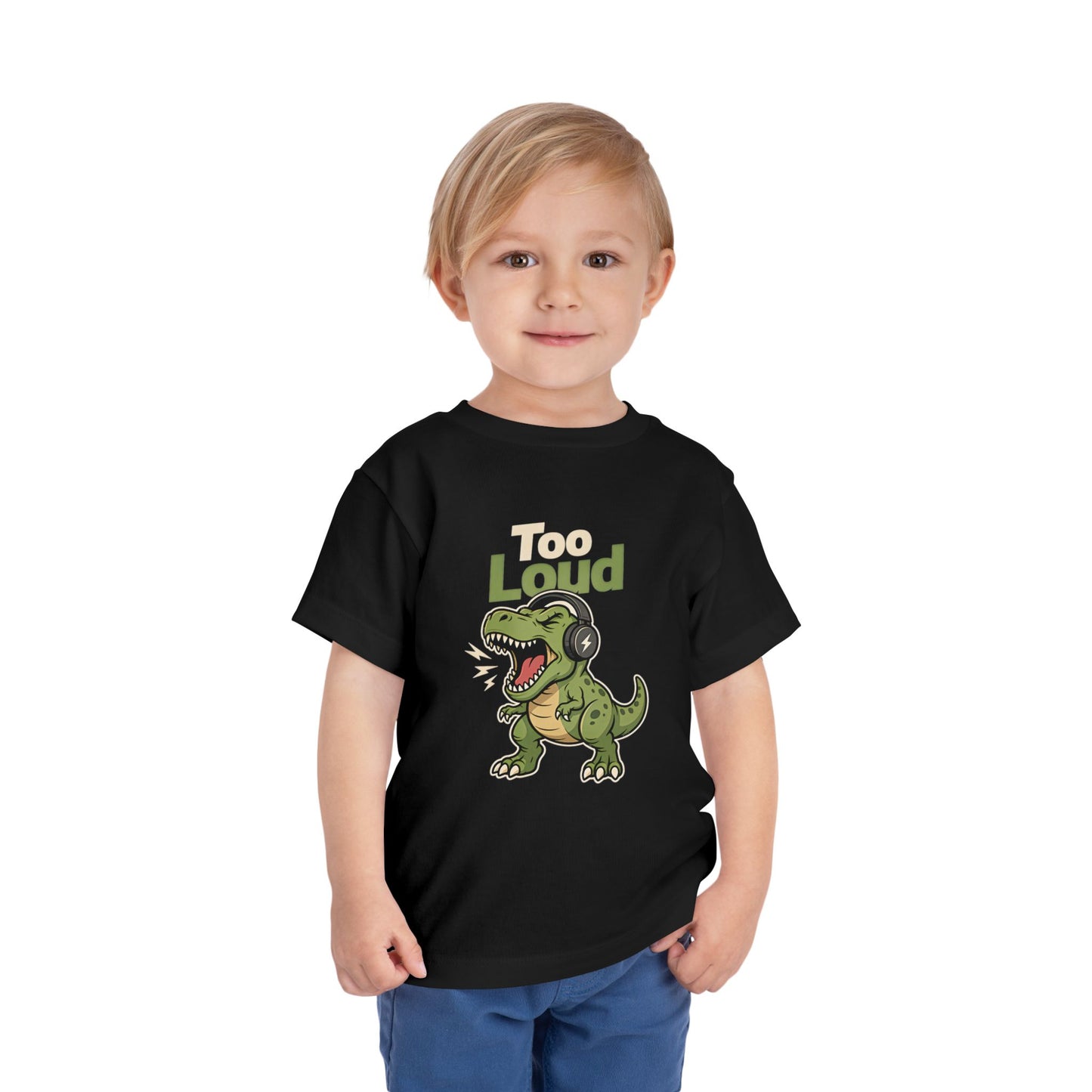 Toddler Tee — 'Too Loud' Headphone T-Rex Graphic Shirt