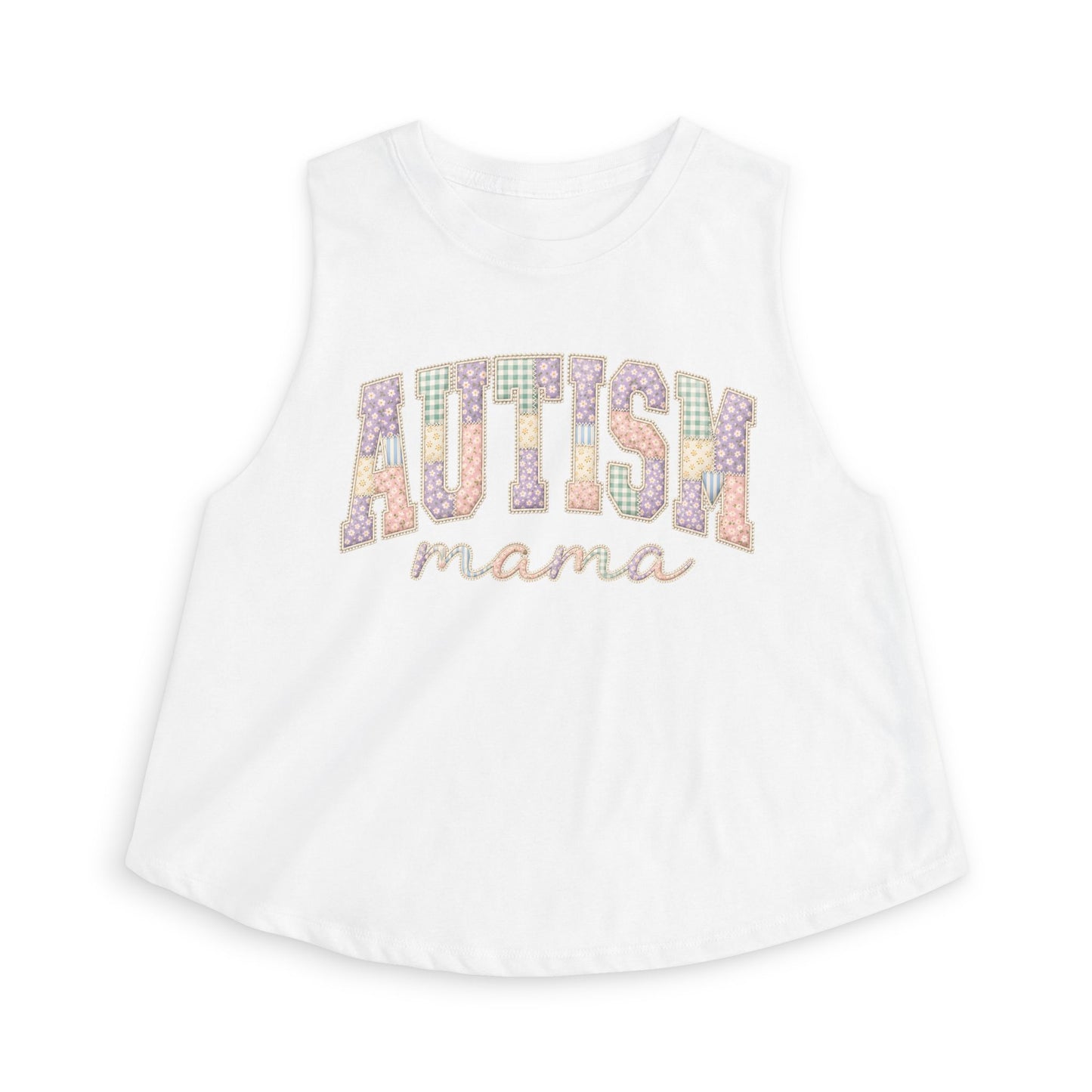 Autism Mama Crop Top - Pastel Patchwork Lettering Support Tank image