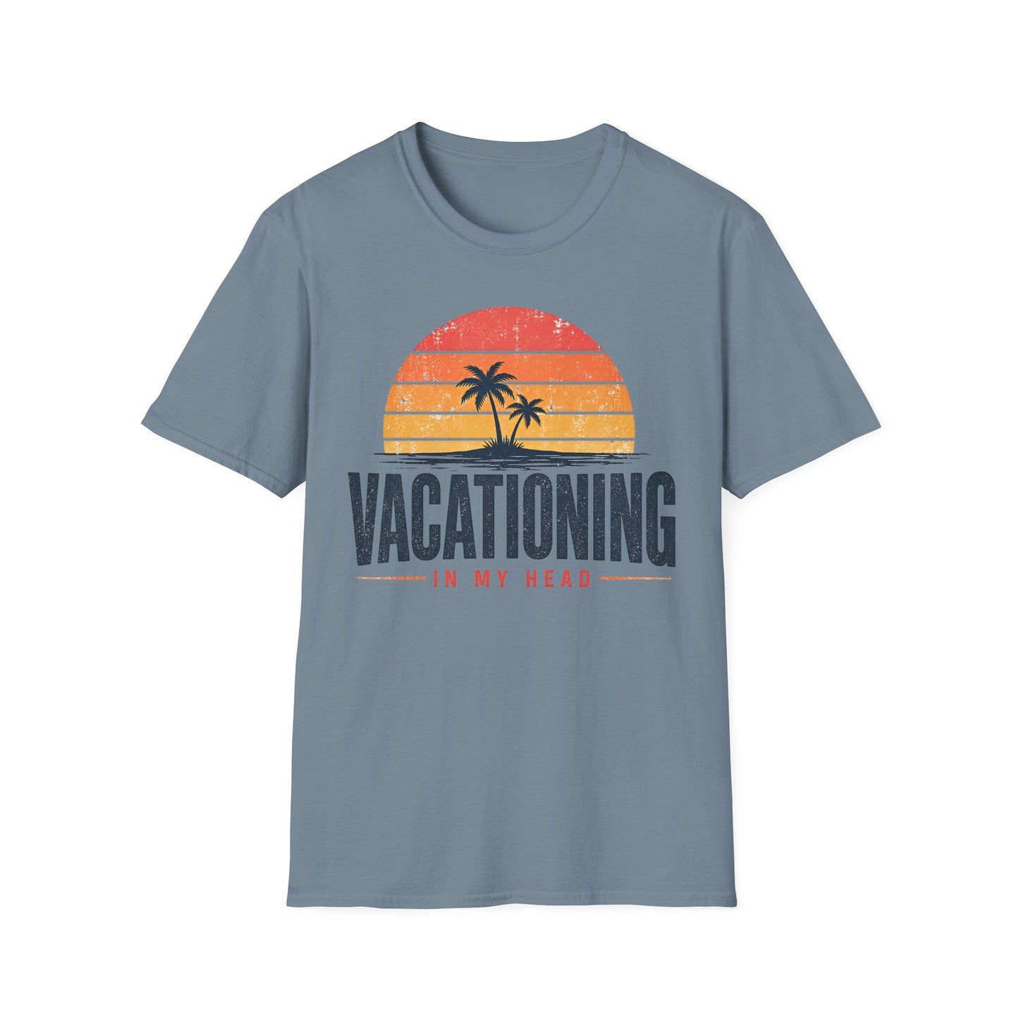 Vacationing T-Shirt — Retro Palm Sunset "Vacationing in My Head" Tee