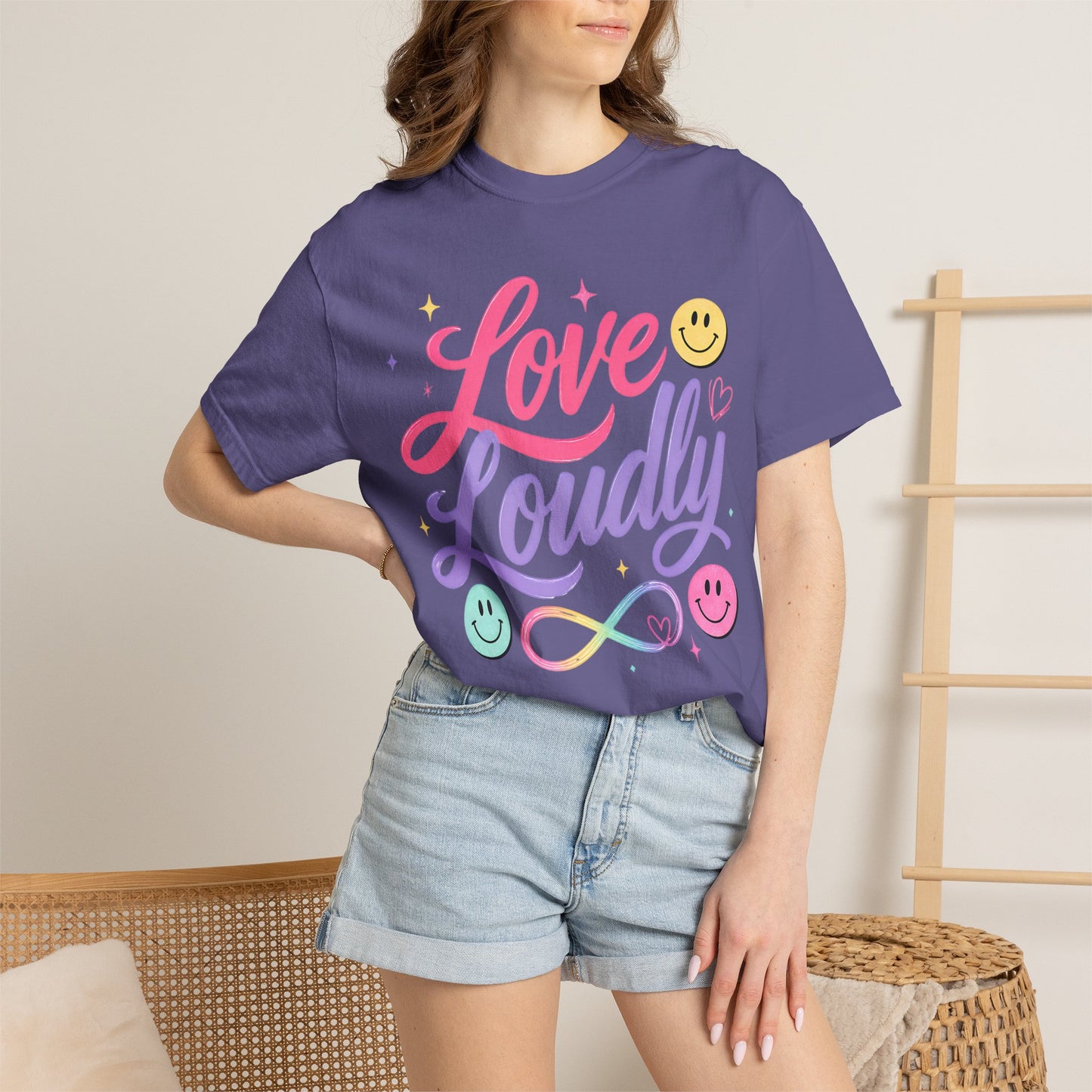 Love Loudly Graphic T‑Shirt — Rainbow Smiley Retro Script Tee image 3