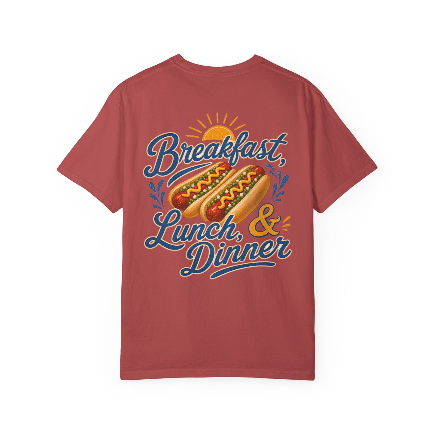 "Breakfast, Lunch & Dinner" Hot Dog Graphic Tee, routine, asd BACK PRINT