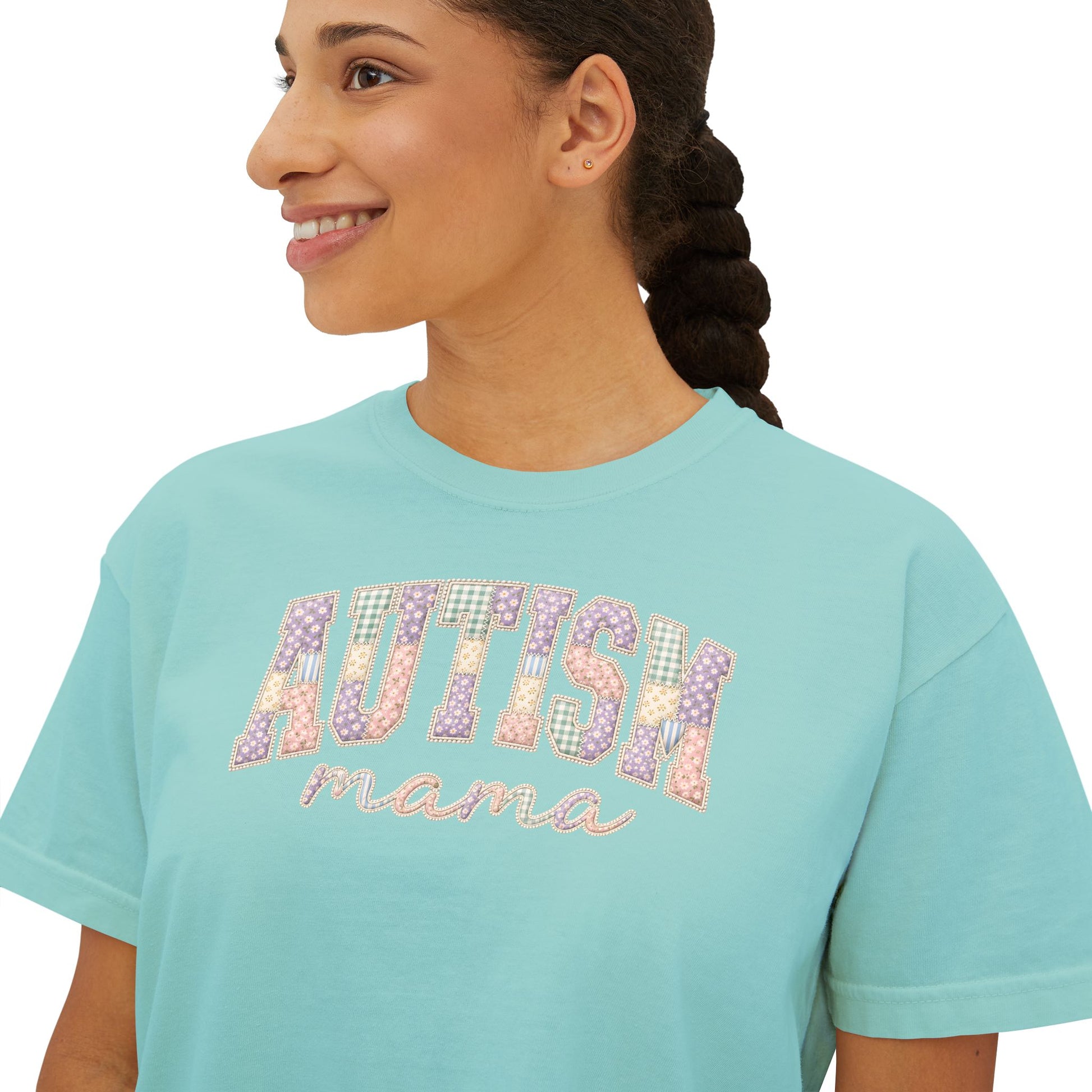 Autism Mama Boxy Tee — Pastel Patchwork Lettering T‑Shirt image 13