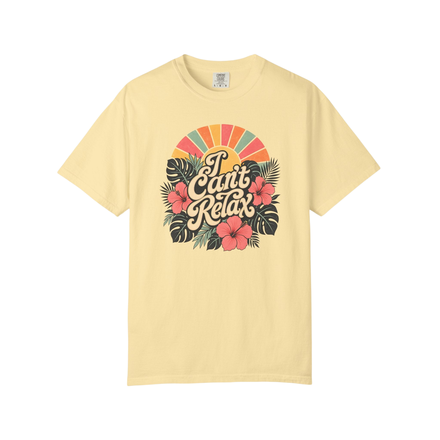 I Can't Relax Retro Floral T-Shirt — ADHD Funny Tropical Sunset Graphic Tee