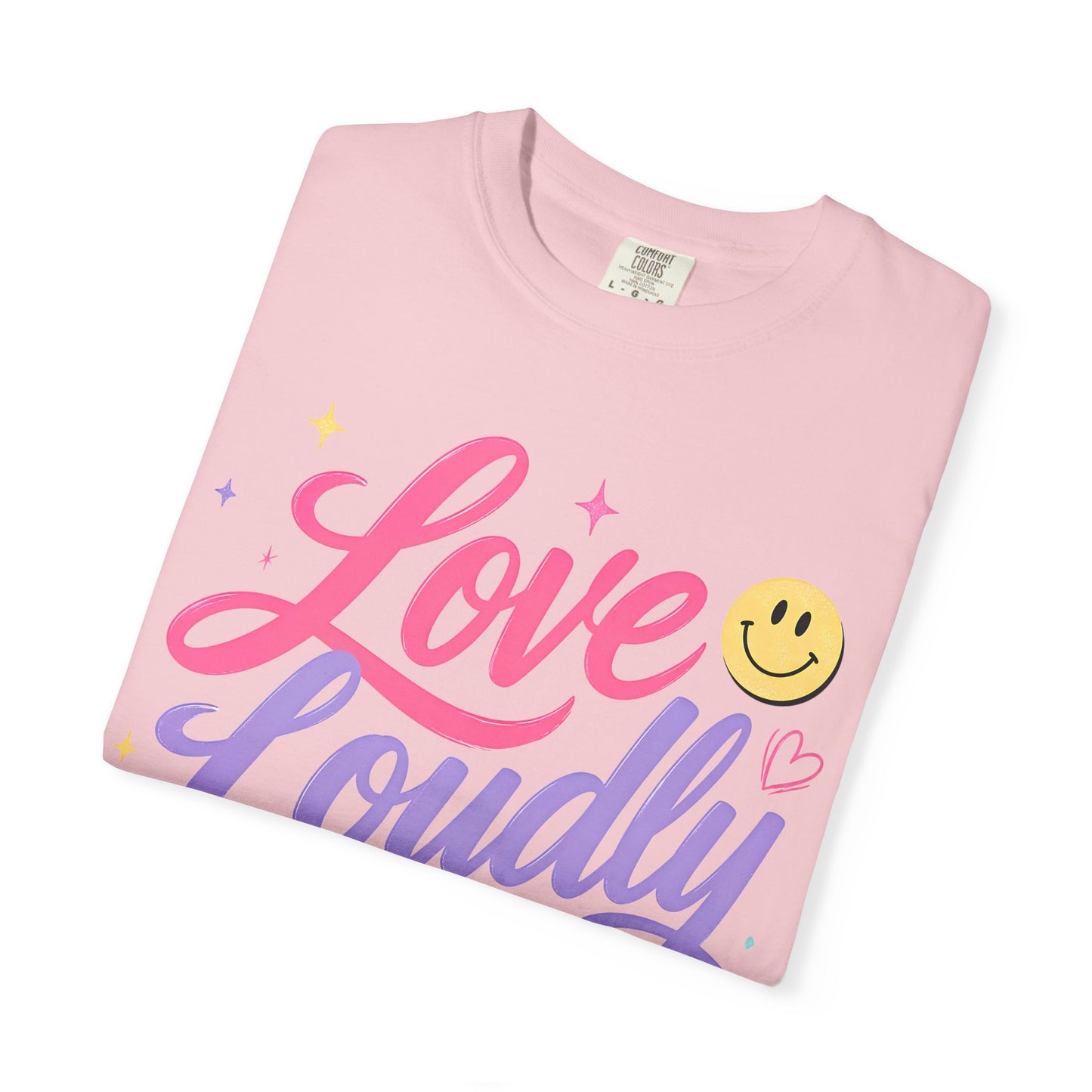 Love Loudly Graphic T‑Shirt — Rainbow Smiley Retro Script Tee image 18
