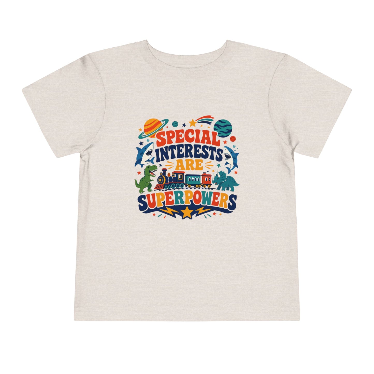 Toddler Tee — “Special Interests Are Superpowers” Colorful Space &amp; Dino Graphic - Heather Dust, 5T image