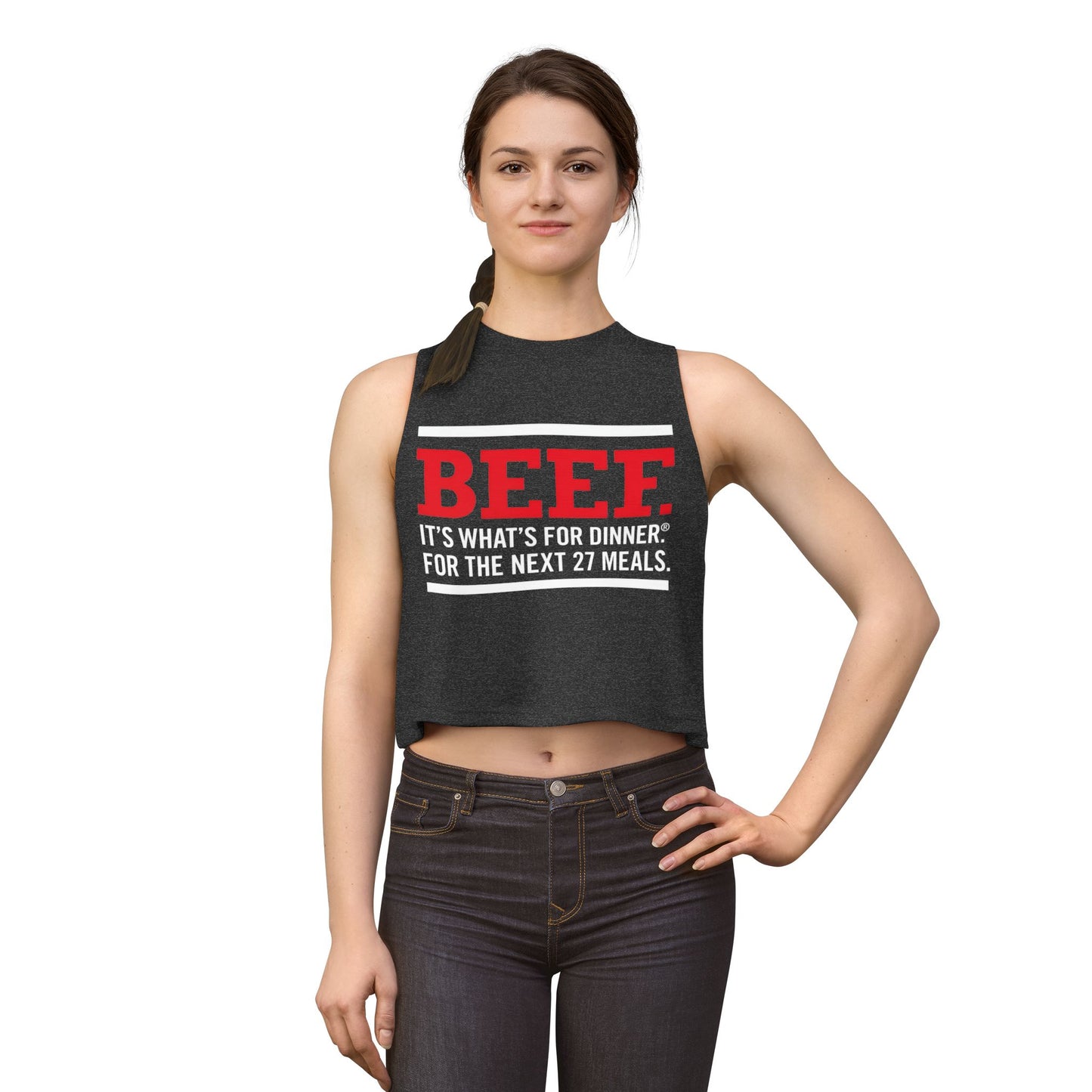 Crop Top — "BEEF: It's What's For Dinner. For The Next 27 Meals." — Funny Autism Routine Tank image 18