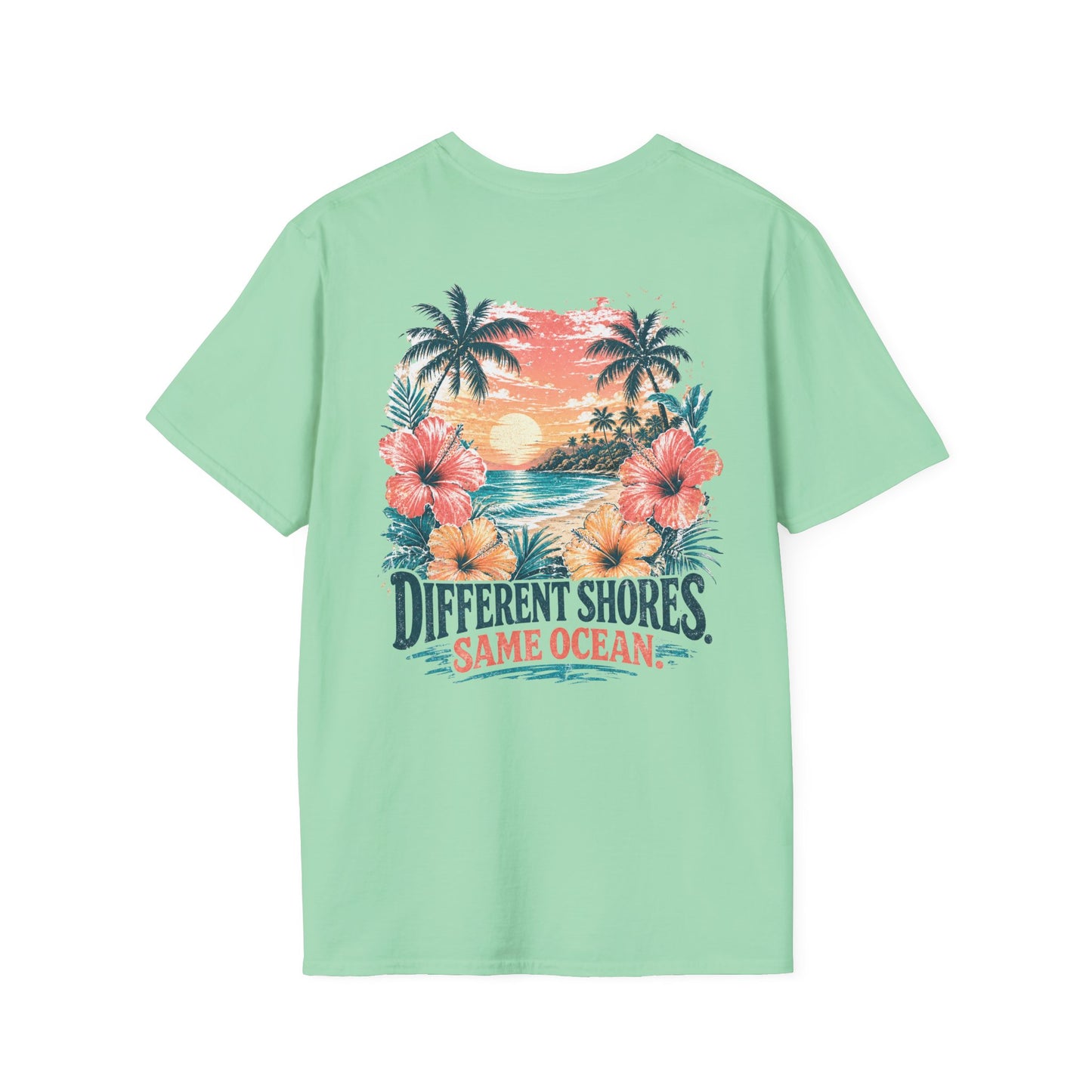 "Different Shores, Same Ocean" Hibiscus Flower Beach Sunset Graphic T-Shirt
