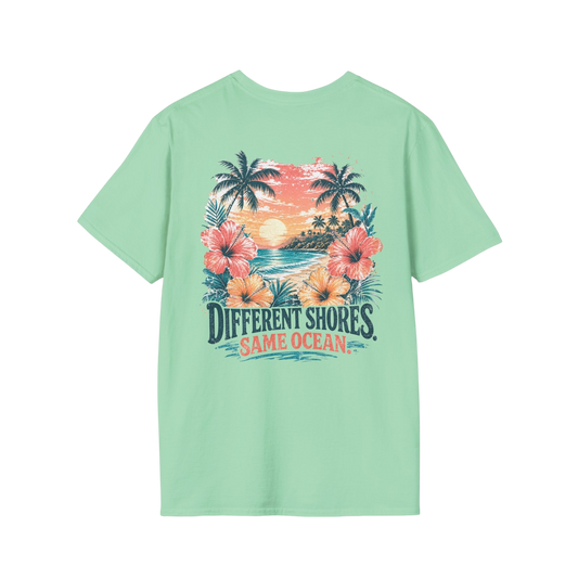 "Different Shores, Same Ocean" Hibiscus Flower Beach Sunset Graphic T-Shirt