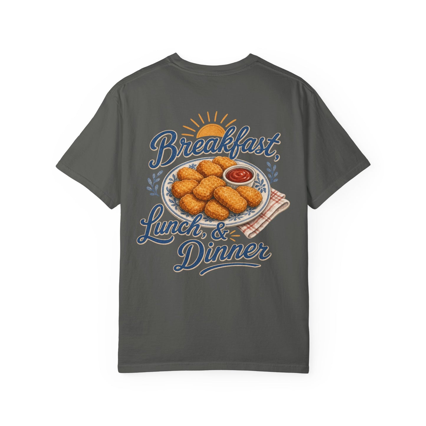 Chicken Nugget T-Shirt — “Breakfast, Lunch & Dinner” Retro Food Graphic Tee Adult BACK PRINT