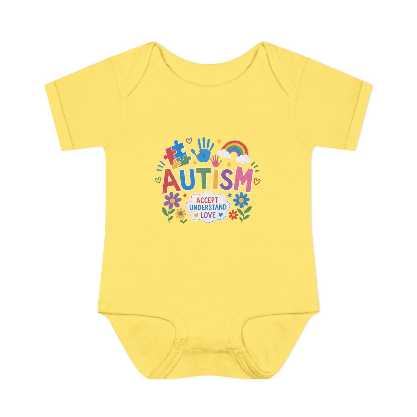 Autism Awareness Infant Bodysuit — 'Accept Understand Love' Colorful Design - NB (0-3M), Butter image