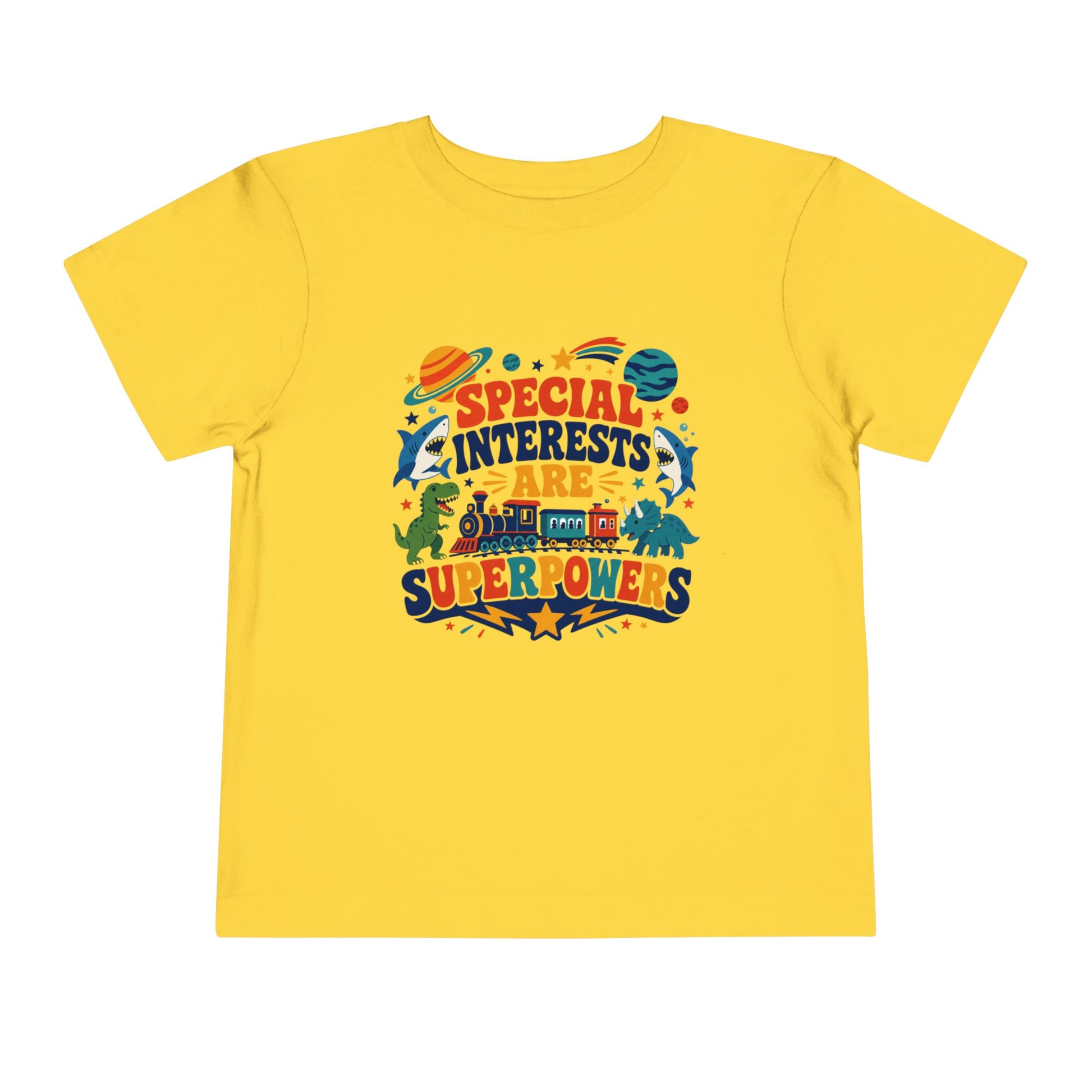 Toddler Tee — “Special Interests Are Superpowers” Colorful Space &amp; Dino Graphic - Yellow, 5T image