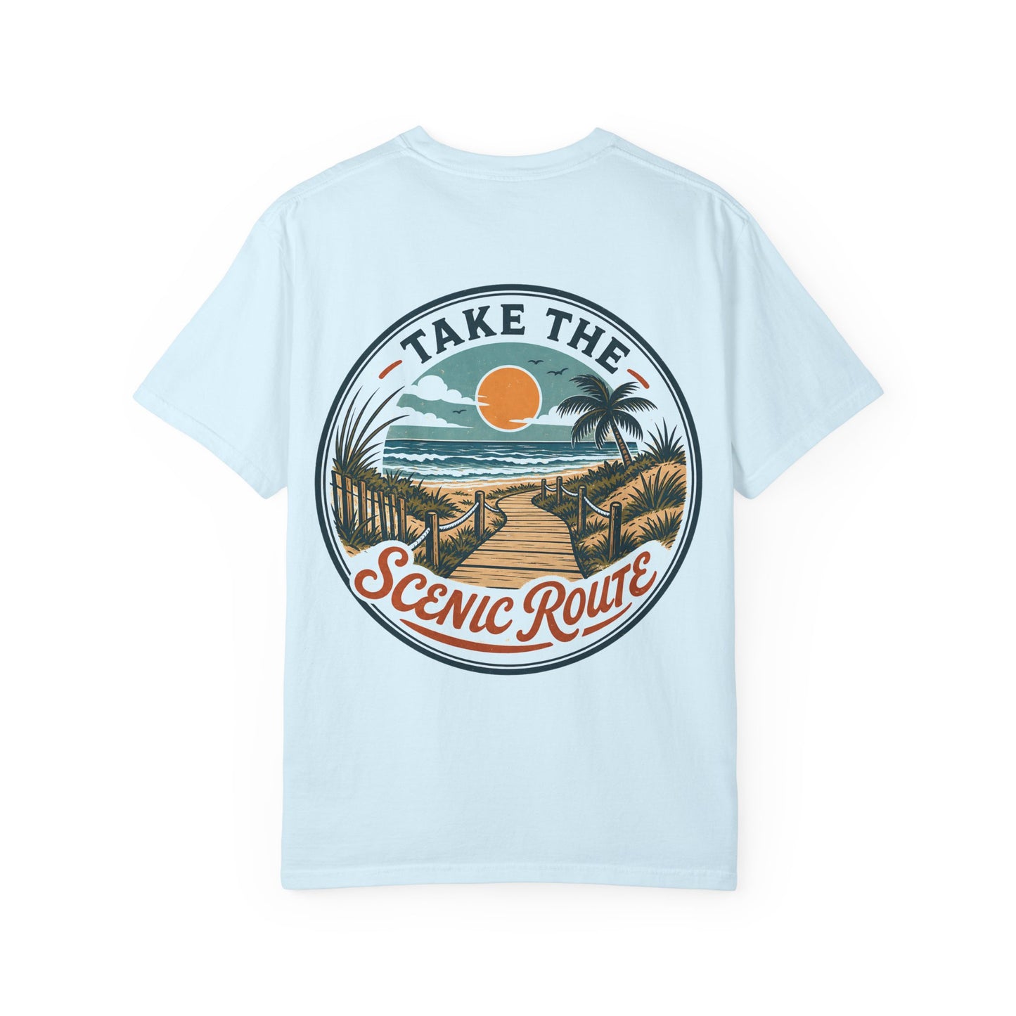 Scenic Route Beach T-Shirt — "Take the Scenic Route" Sunset Boardwalk Tee