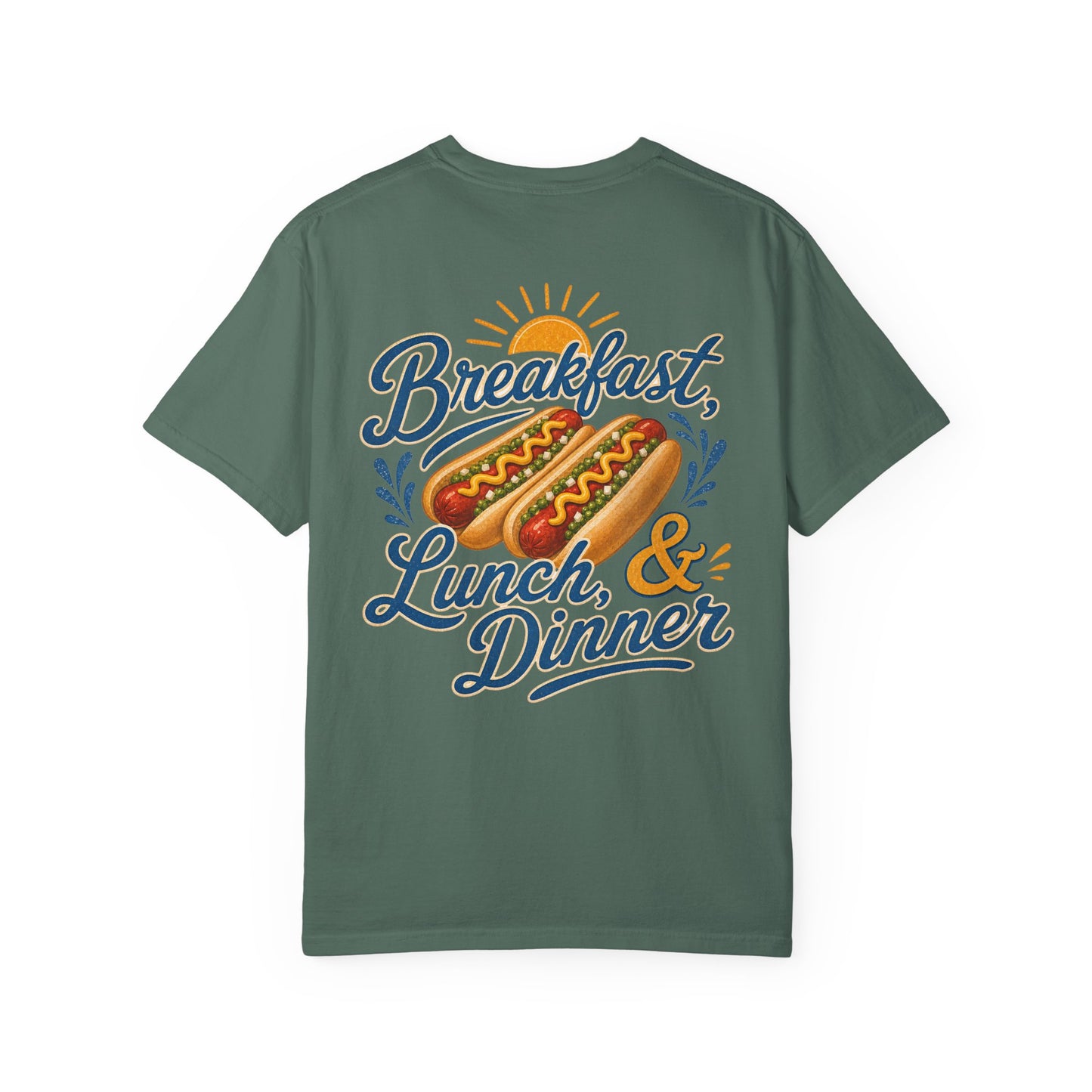 "Breakfast, Lunch & Dinner" Hot Dog Graphic Tee, routine, asd BACK PRINT