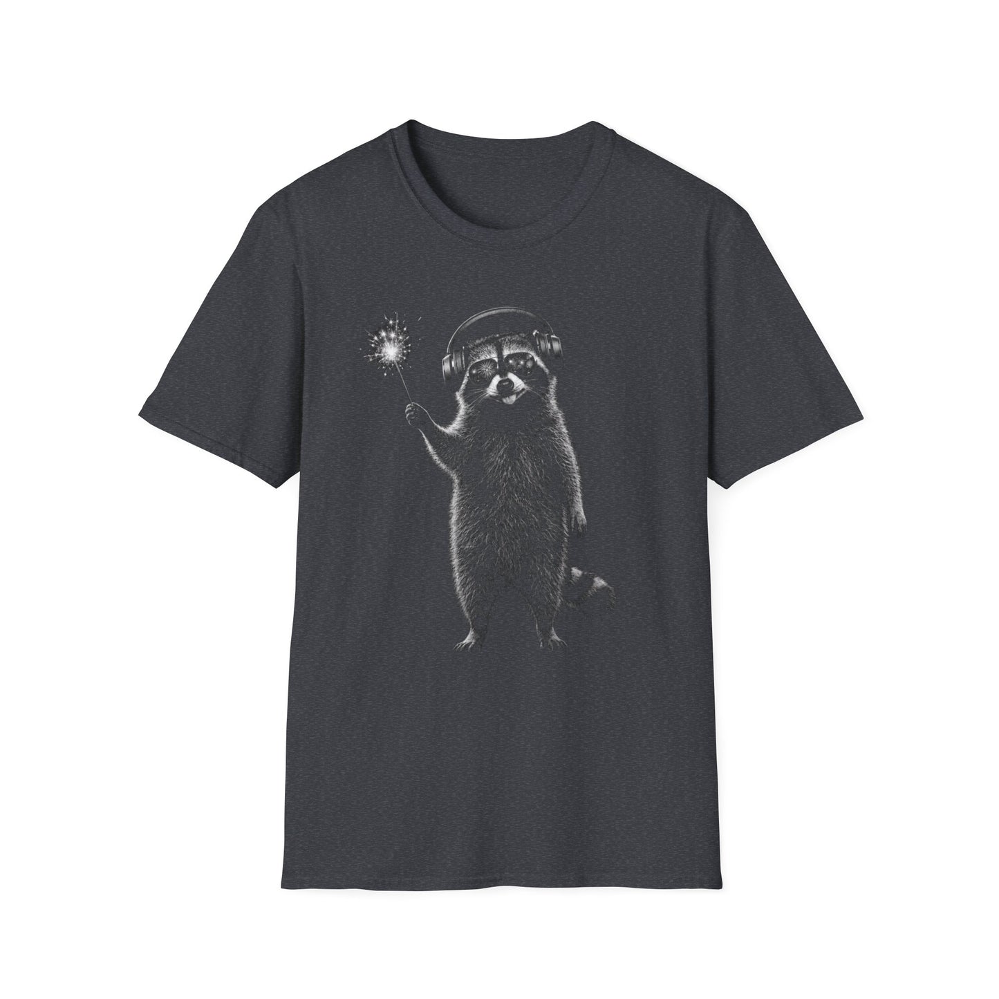 Raccoon with July 4th Sparkler Graphic T-Shirt — Cute Active Noise Canceling (ANC) headphones Raccoon Tee