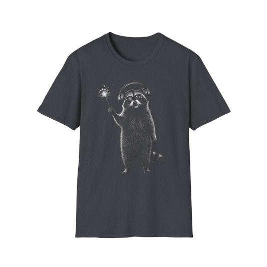Raccoon with July 4th Sparkler Graphic T-Shirt — Cute Active Noise Canceling (ANC) headphones Raccoon Tee
