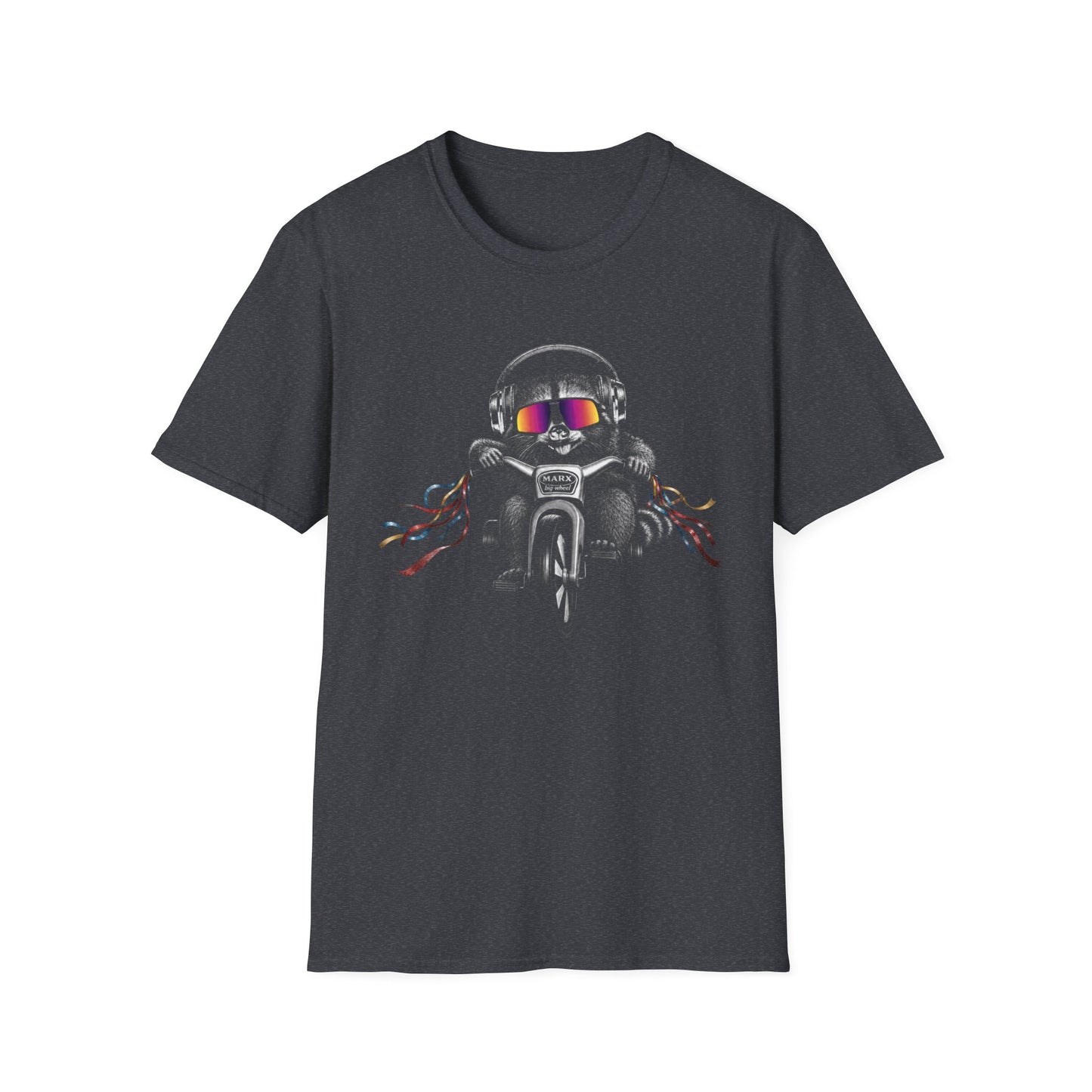 Big Wheel Raccon with Oakleys and Active Noise Canceling (ANC) headphones ‑Shirt — Retro Biker Tee