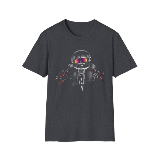 Big Wheel Raccon with Oakleys and Active Noise Canceling (ANC) headphones ‑Shirt — Retro Biker Tee