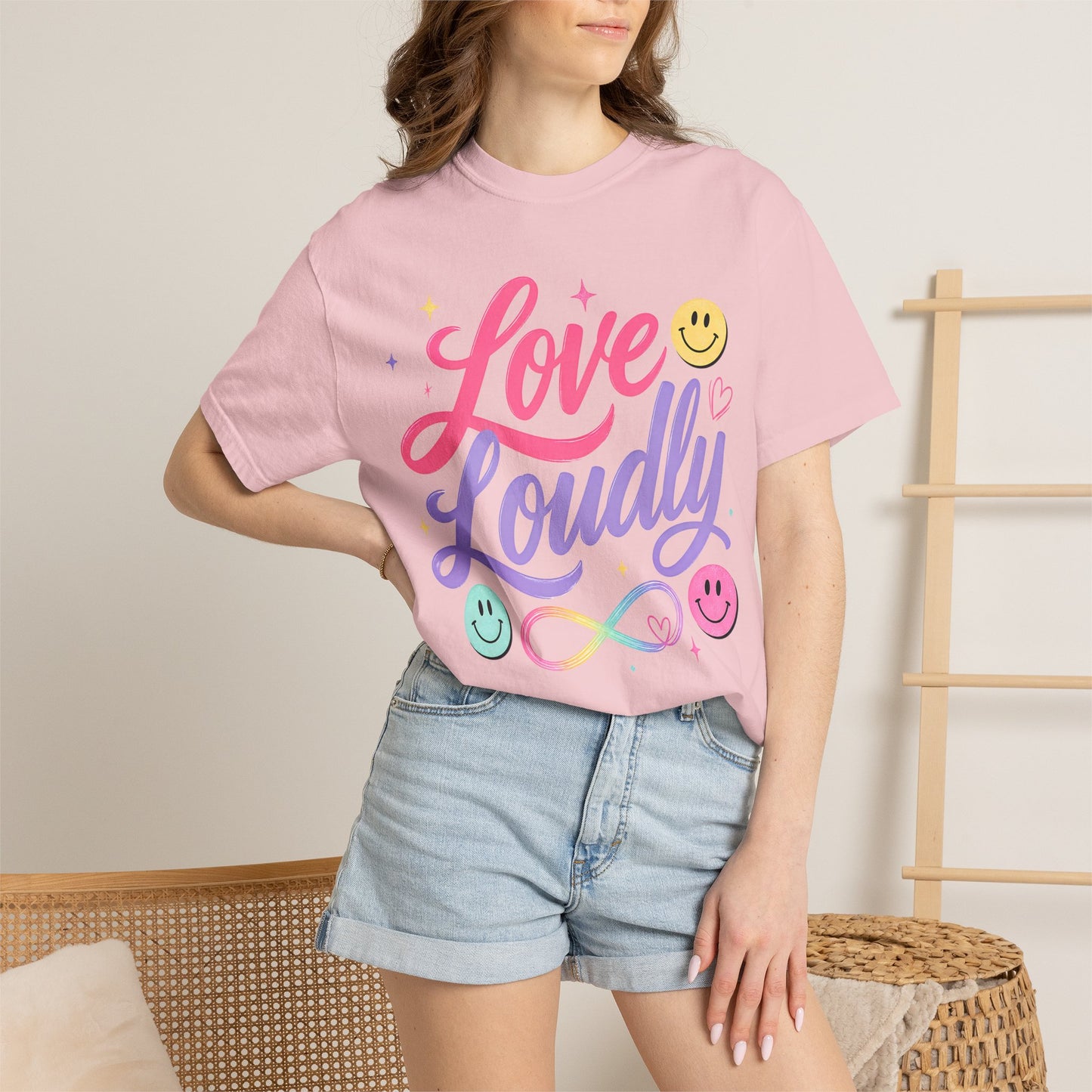 Love Loudly Graphic T‑Shirt — Rainbow Smiley Retro Script Tee image 19