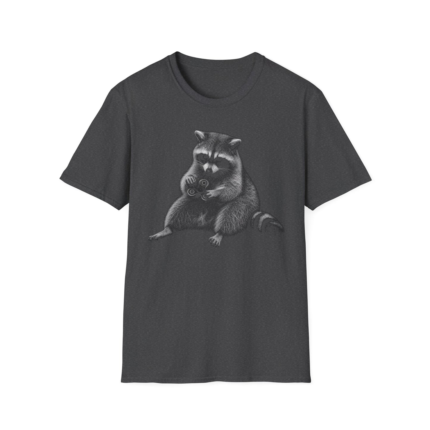 Raccoon Holding Fidget Spinner Graphic T-Shirt — Cute Noir Wildlife Tee