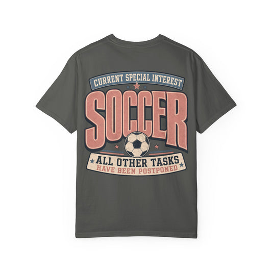 Soccer Graphic T-Shirt — “Current Special Interest: Soccer” Vintage Sports Tee Adult BACK PRINT