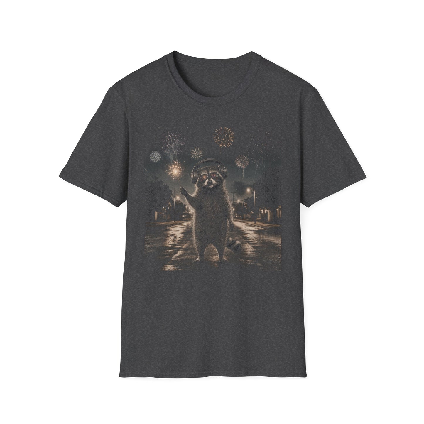 Raccoon Fireworks Tee — Night Sky Neurodivergent Auditory sensitivity Raccoon Party Animal T-Shirt
