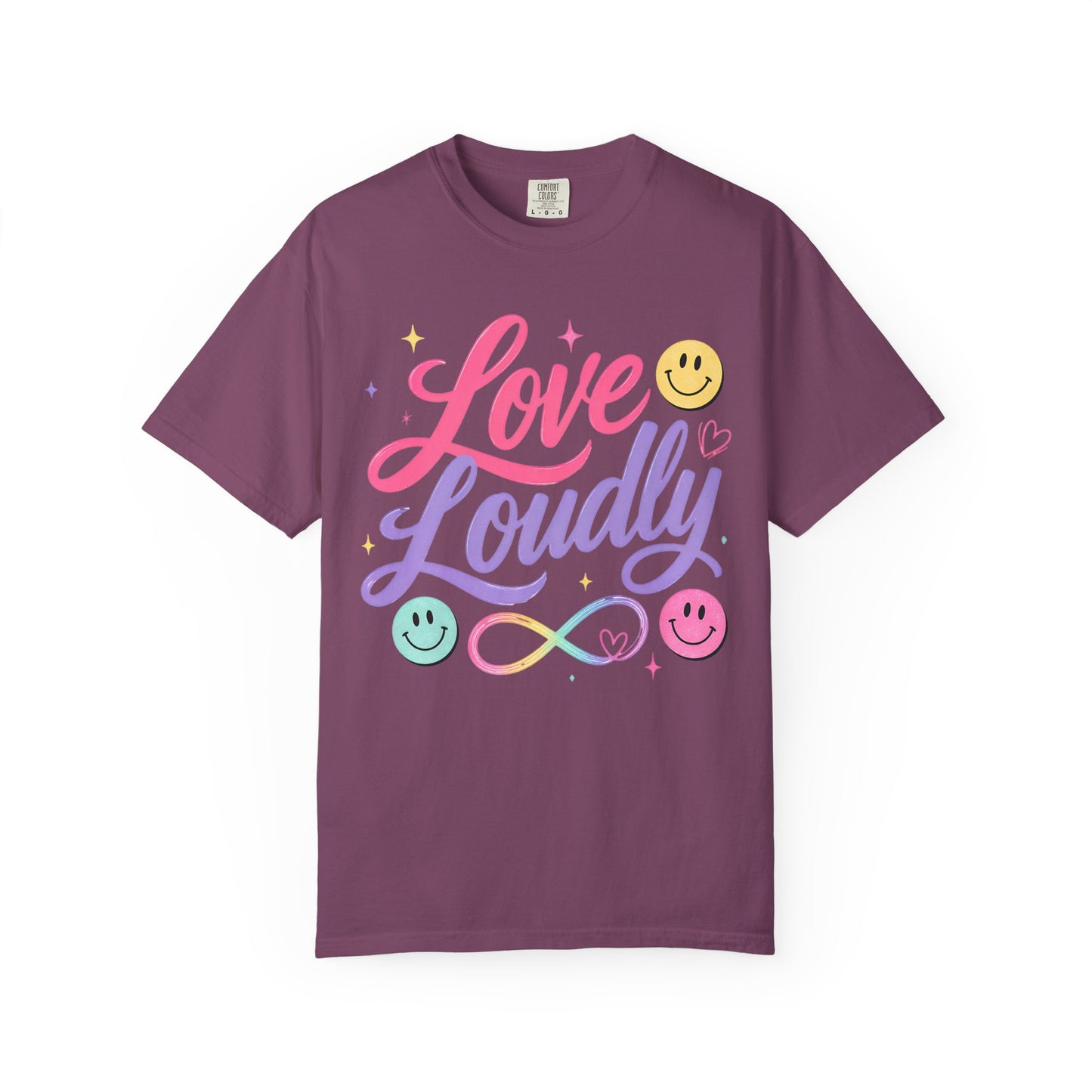 Love Loudly Graphic T‑Shirt — Rainbow Smiley Retro Script Tee image