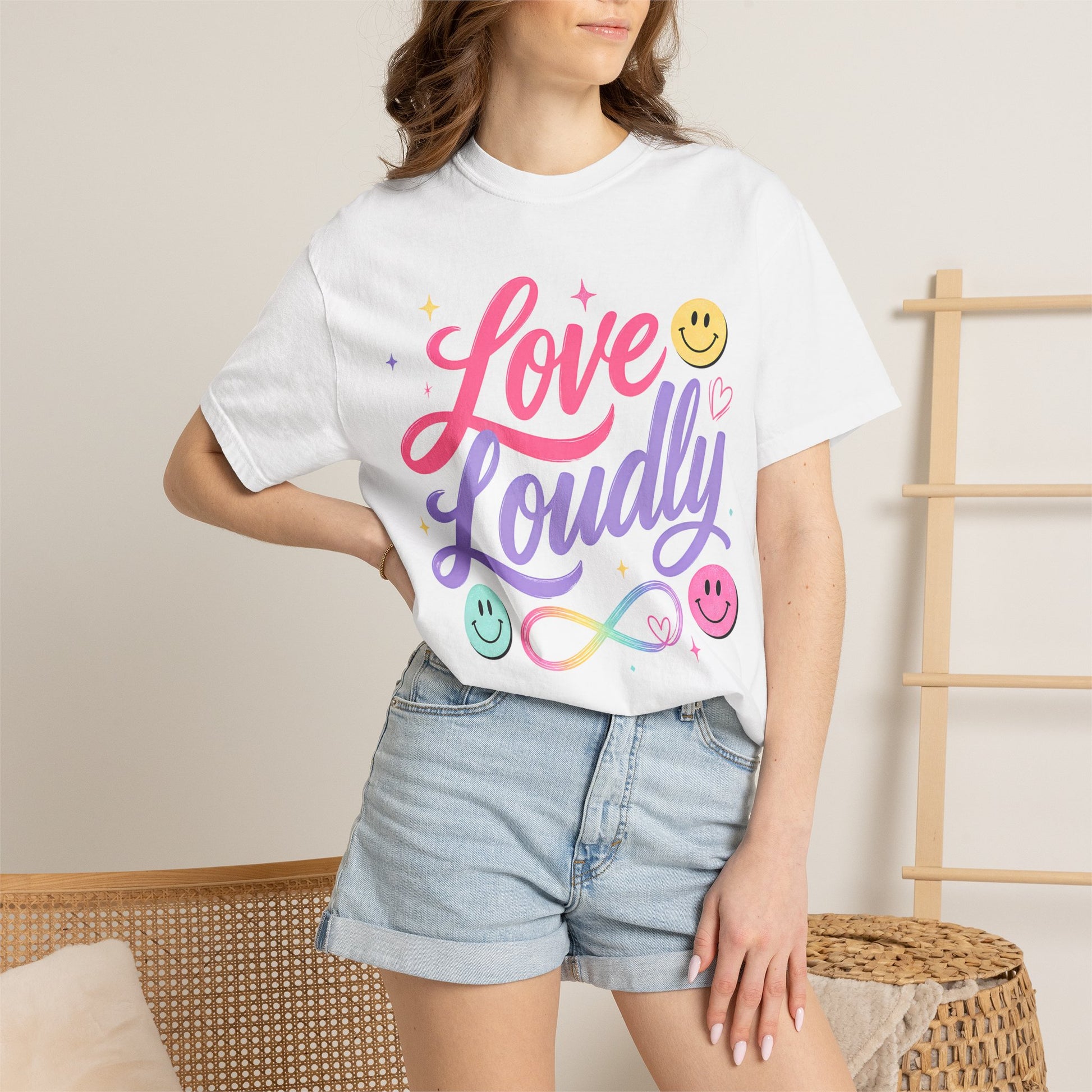 Love Loudly Graphic T‑Shirt — Rainbow Smiley Retro Script Tee image 7