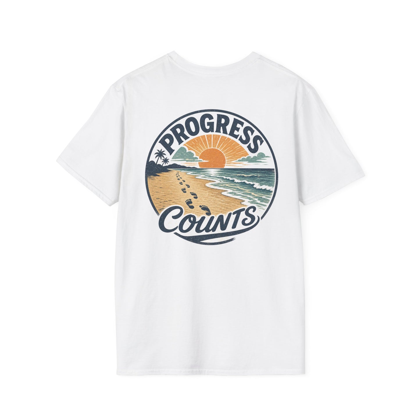 Progress Counts T-Shirt — Vintage Coastal Footprints Sunset