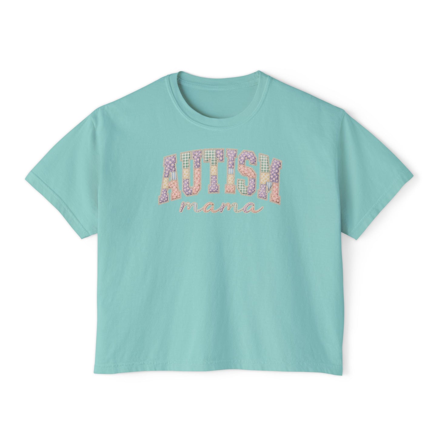 Autism Mama Boxy Tee — Pastel Patchwork Lettering T‑Shirt image