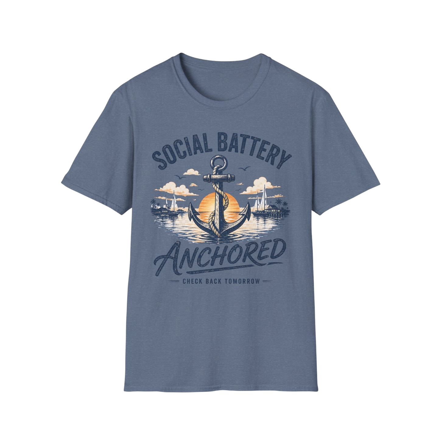 Social Battery Anchored T‑Shirt — Nautical Anchor Retro Sunset Tee