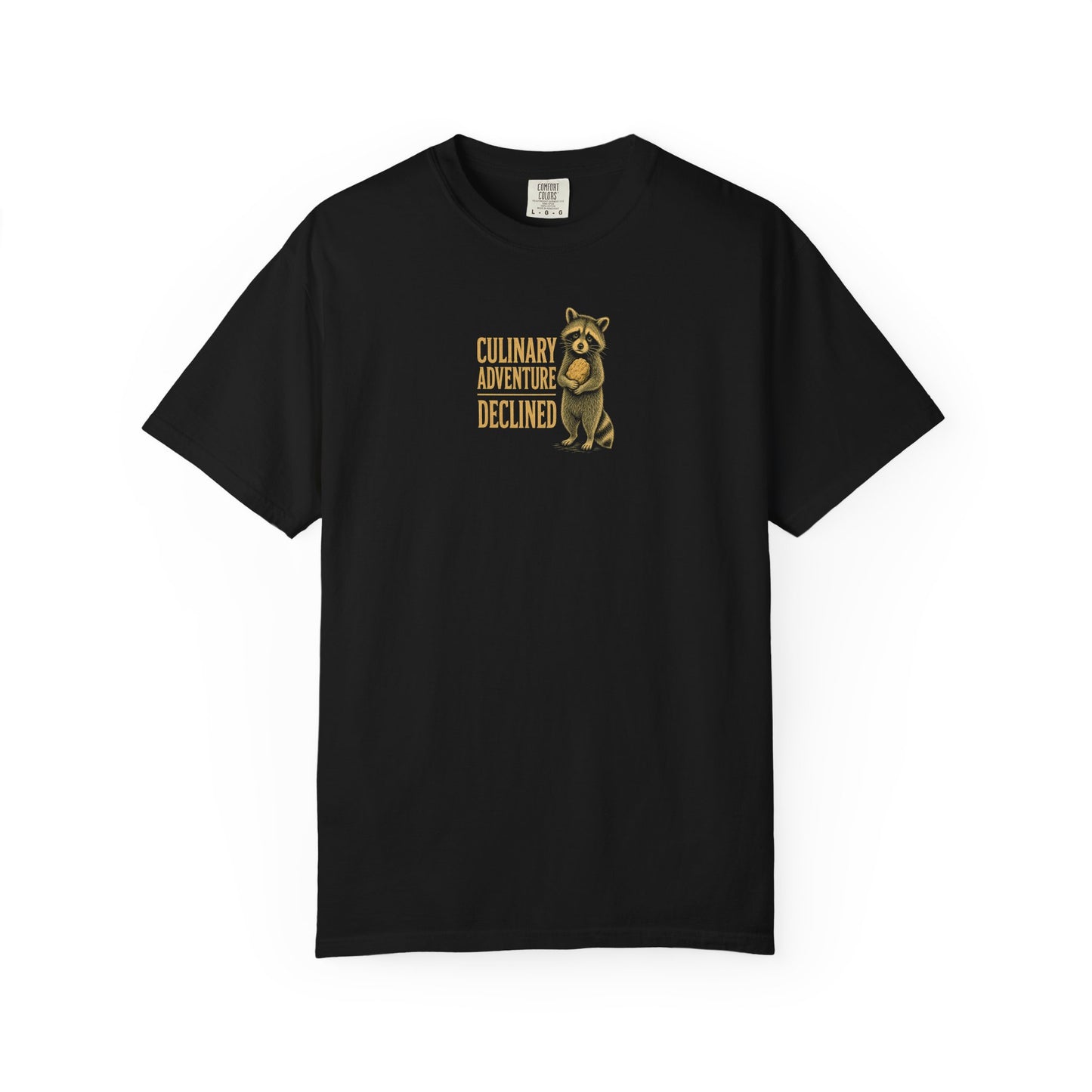 Culinary Adventure Declined T-Shirt — Food Routine Raccoon Graphic Tee