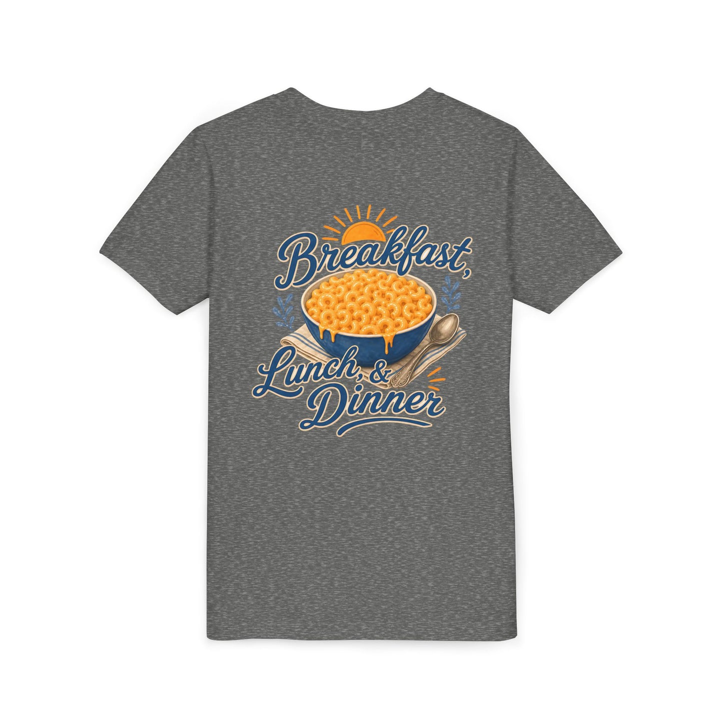 "Breakfast, Lunch & Dinner" Macaroni and Cheese Bowl Graphic Youth Tee — BACK PRINT