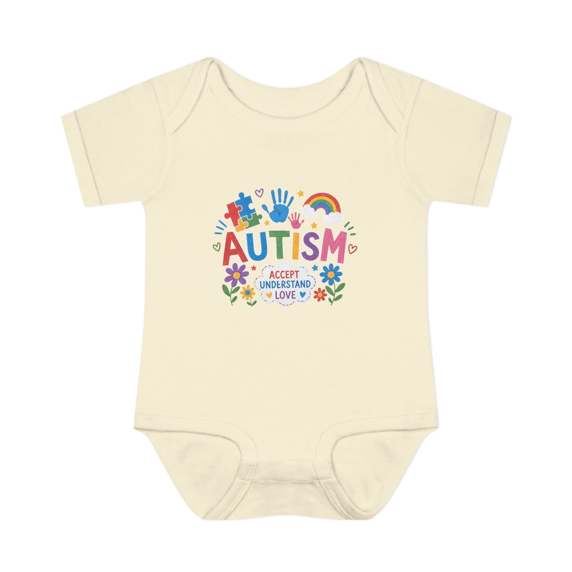 Autism Awareness Infant Bodysuit — 'Accept Understand Love' Colorful Design - NB (0-3M), Natural image
