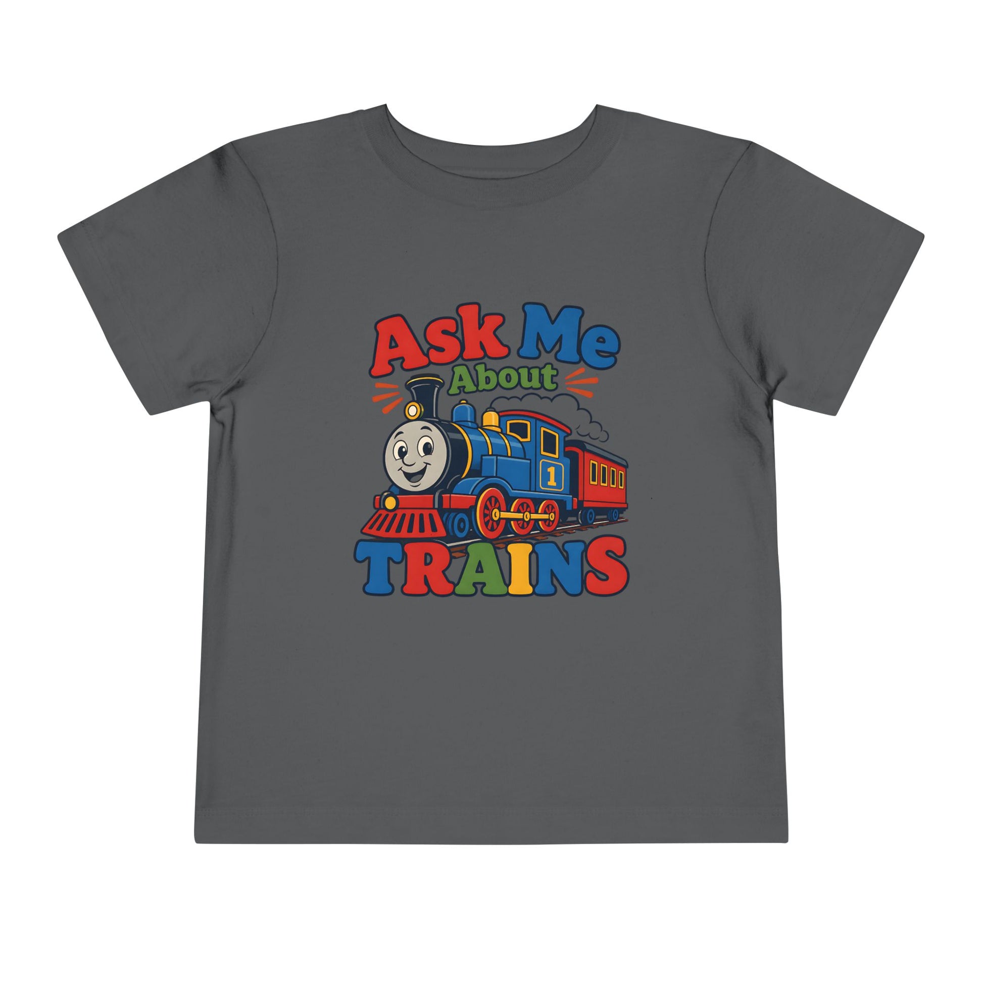 Toddler Tee — "Ask Me About Trains" Cute Kids Train Graphic Shirt - Asphalt, 3T image