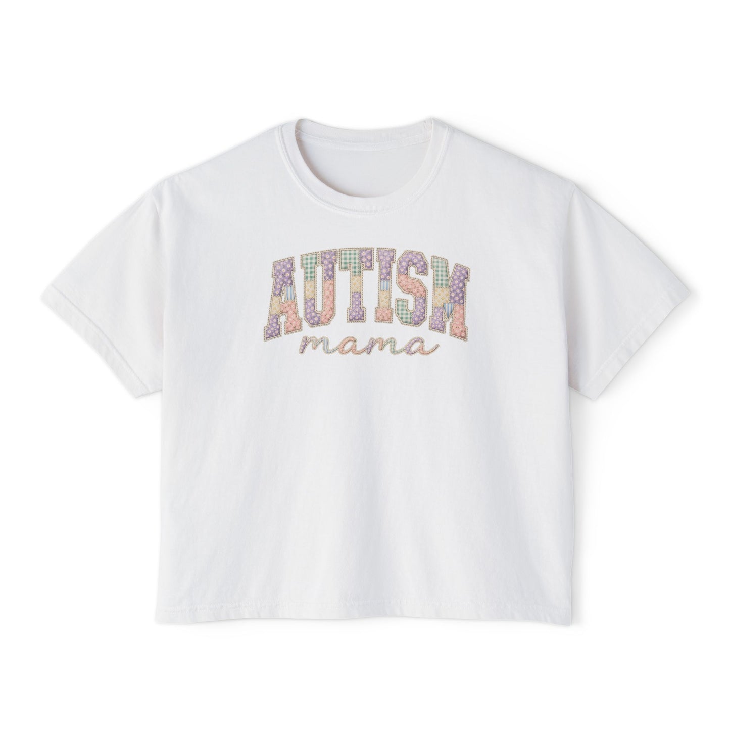 Autism Mama Boxy Tee — Pastel Patchwork Lettering T‑Shirt image