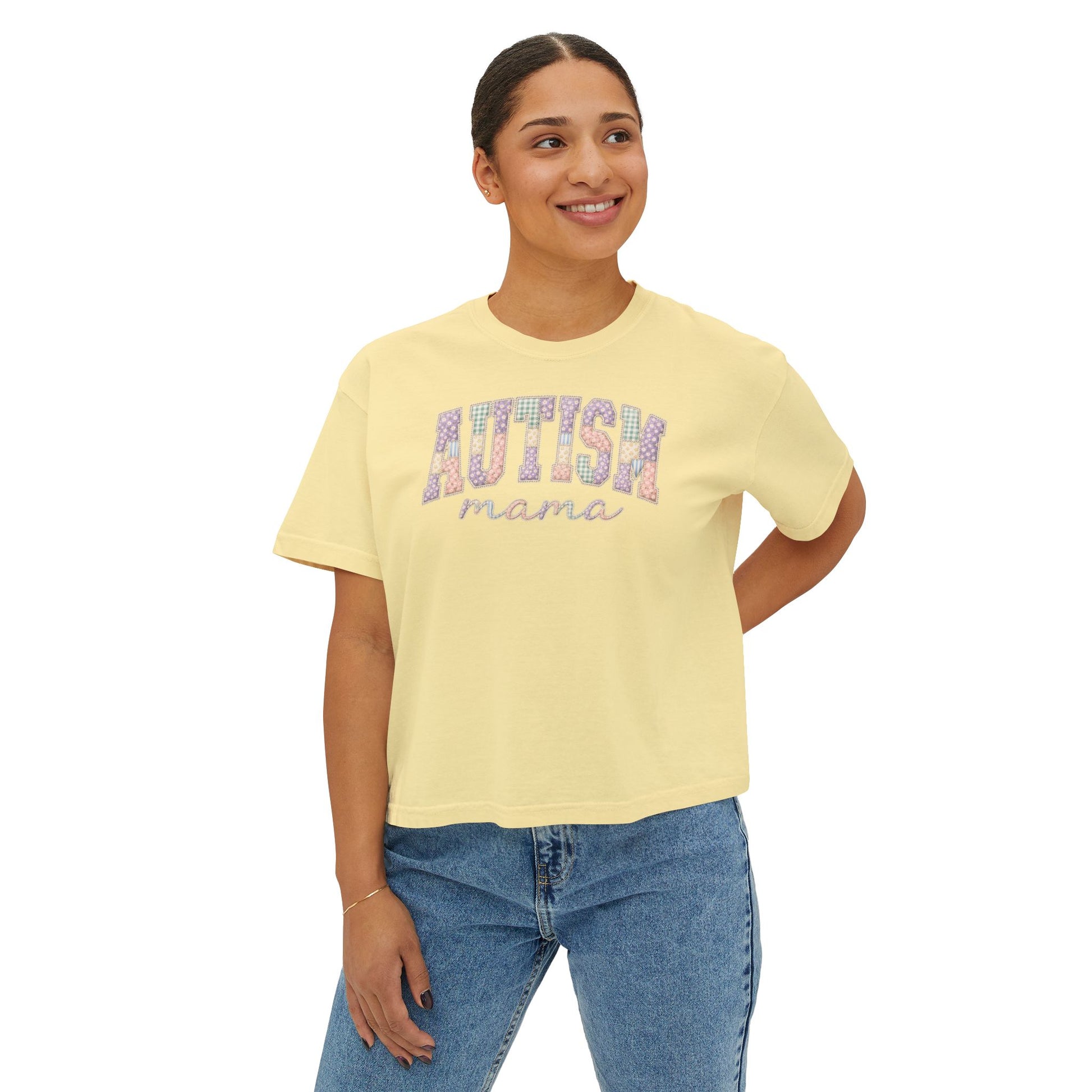 Autism Mama Boxy Tee — Pastel Patchwork Lettering T‑Shirt image 11