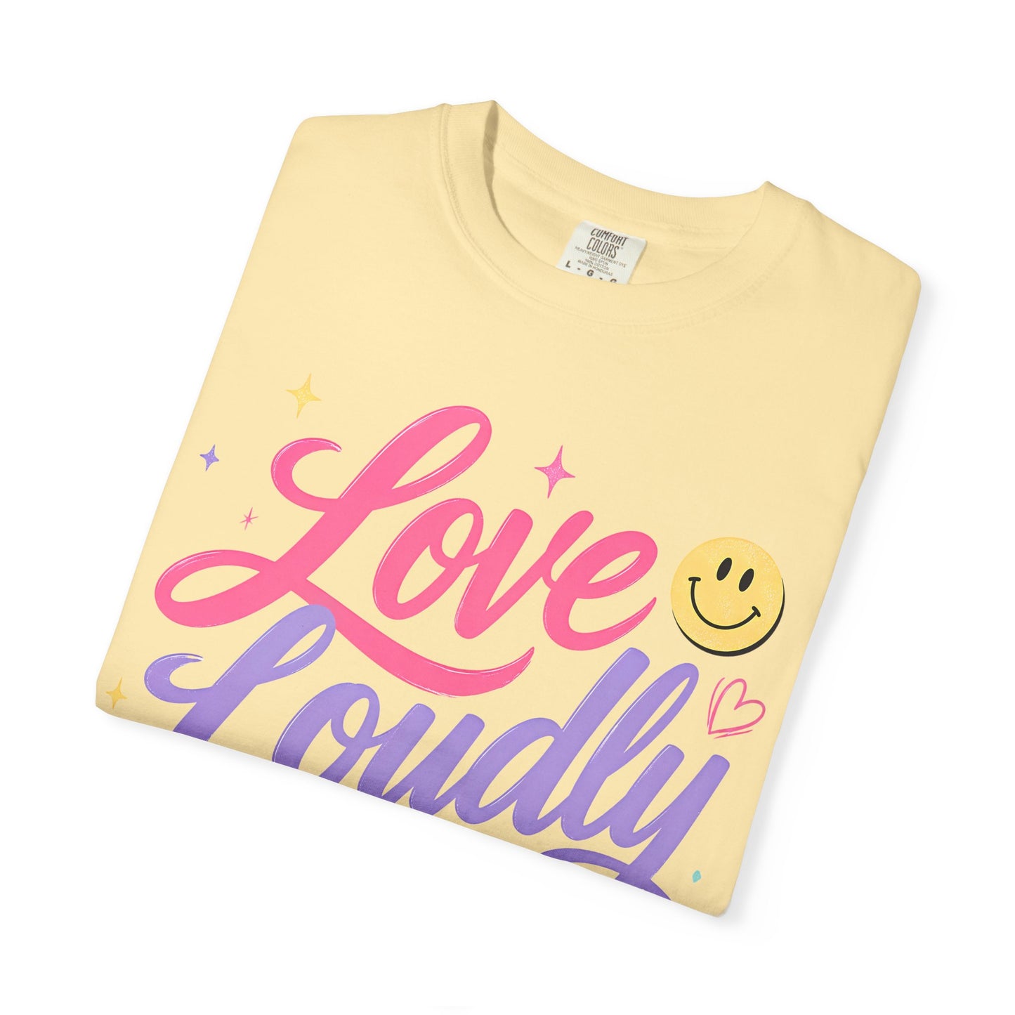 Love Loudly Graphic T‑Shirt — Rainbow Smiley Retro Script Tee image 10