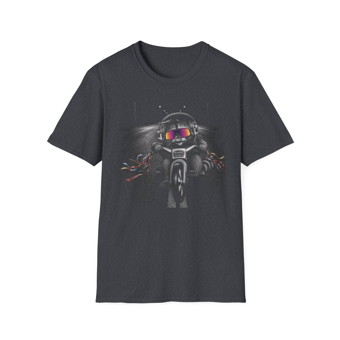 Marx Big Wheel Active Noise Canceling (ANC) headphones and Oakleys Raccoon Graphic T-Shirt — Retro Biker Tee
