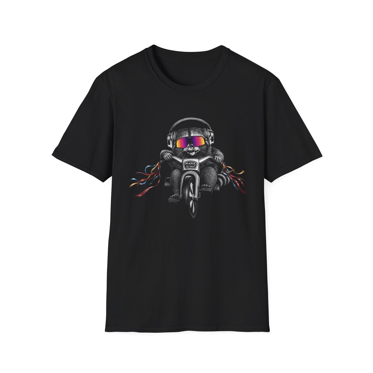 Big Wheel Raccon with Oakleys and Active Noise Canceling (ANC) headphones ‑Shirt — Retro Biker Tee